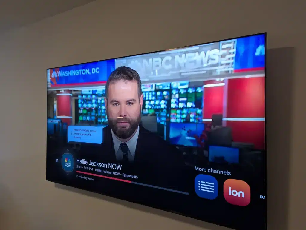 Completed wall-mounted TV streaming live television, installed by Horus Community Services in Trumansburg, NY