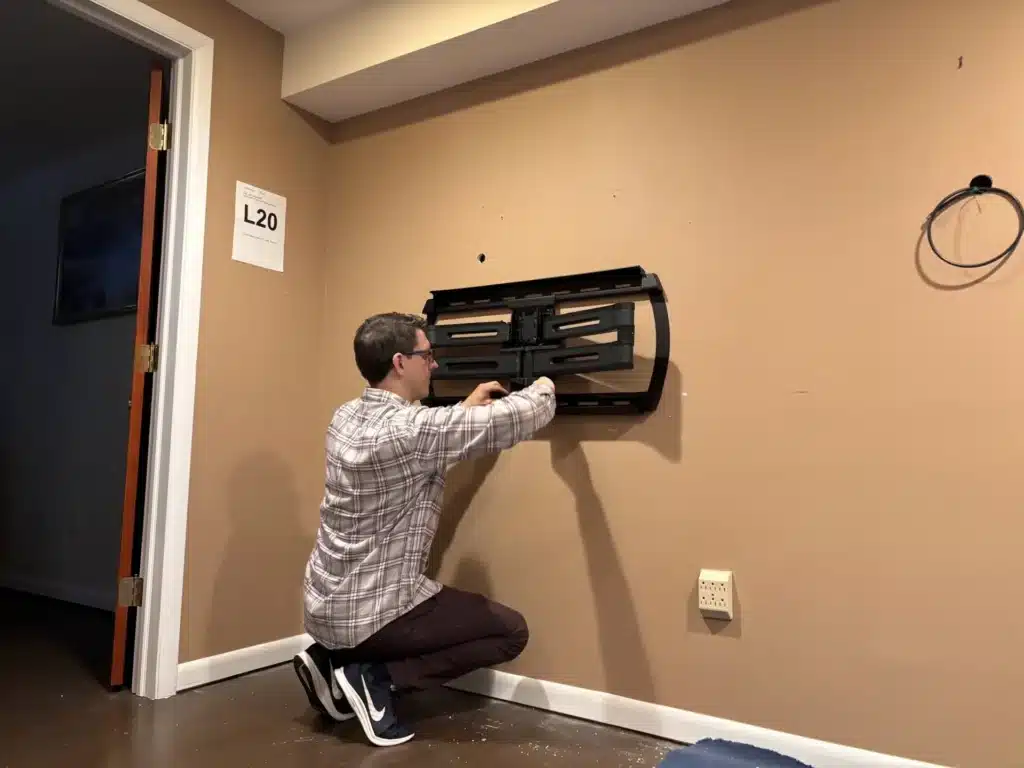 Horus Community Services technician installing a TV wall-mount bracket in Trumansburg, NY